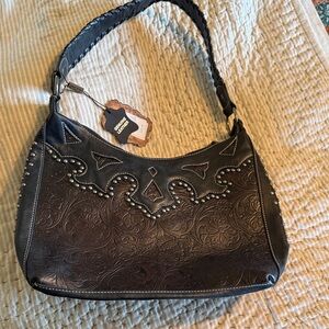 Dark Brown Embossed Shoulder Bag with Stud Accents